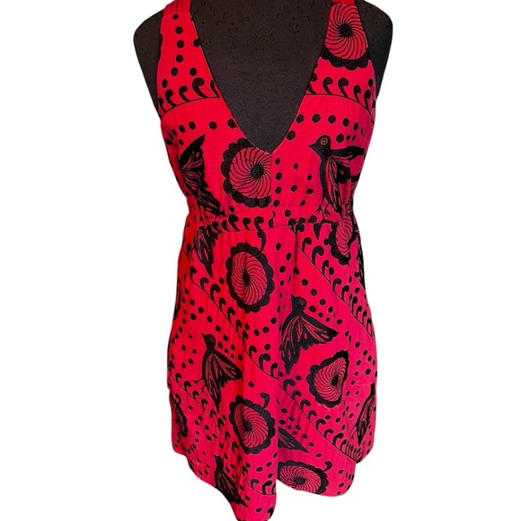 Anthropologie La La Lame Red Embroidered Cotton Dress with Birds Pockets Small - Picture 3 of 9